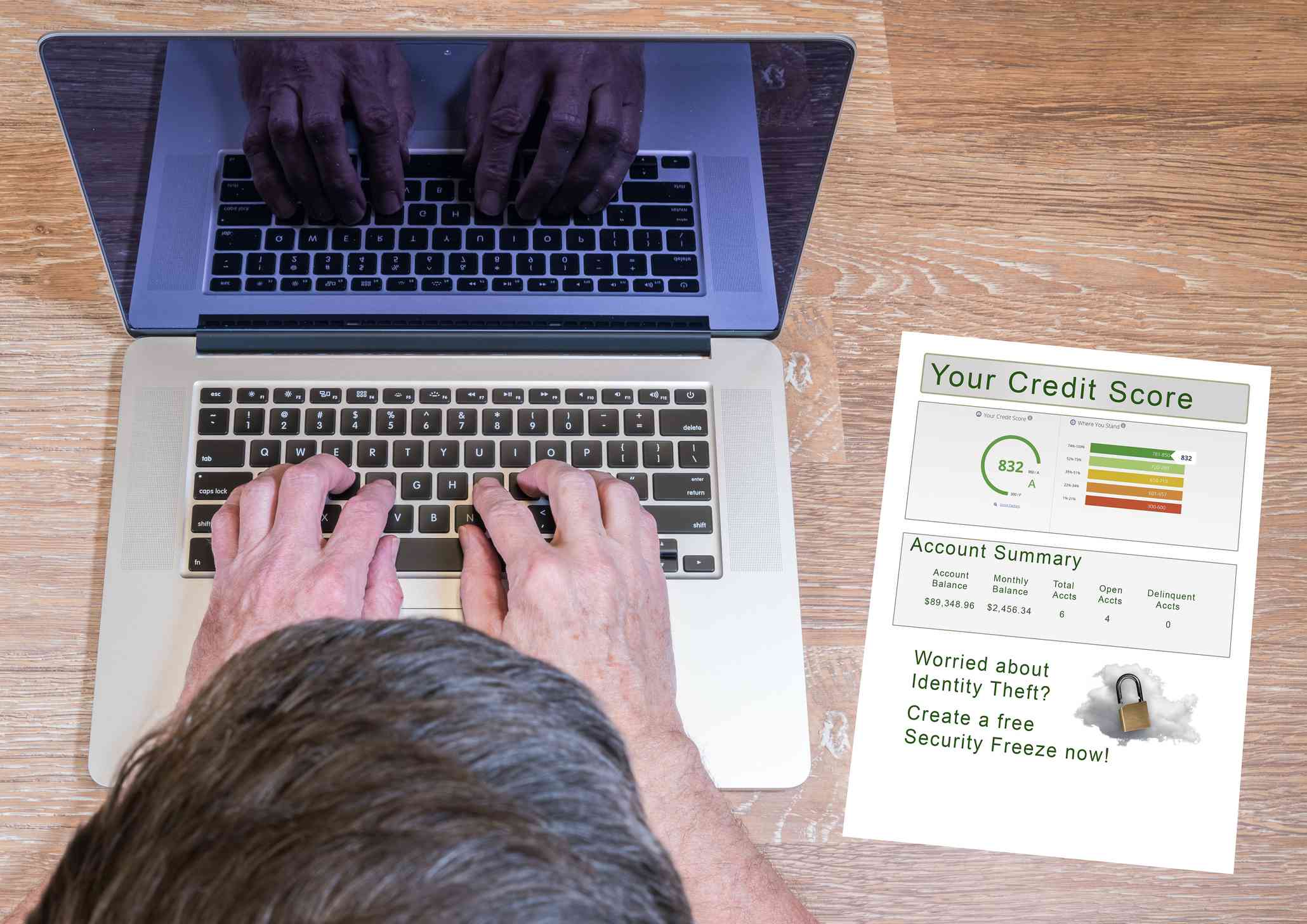 A man typing on laptop with a credit report and credit freeze option on desk.