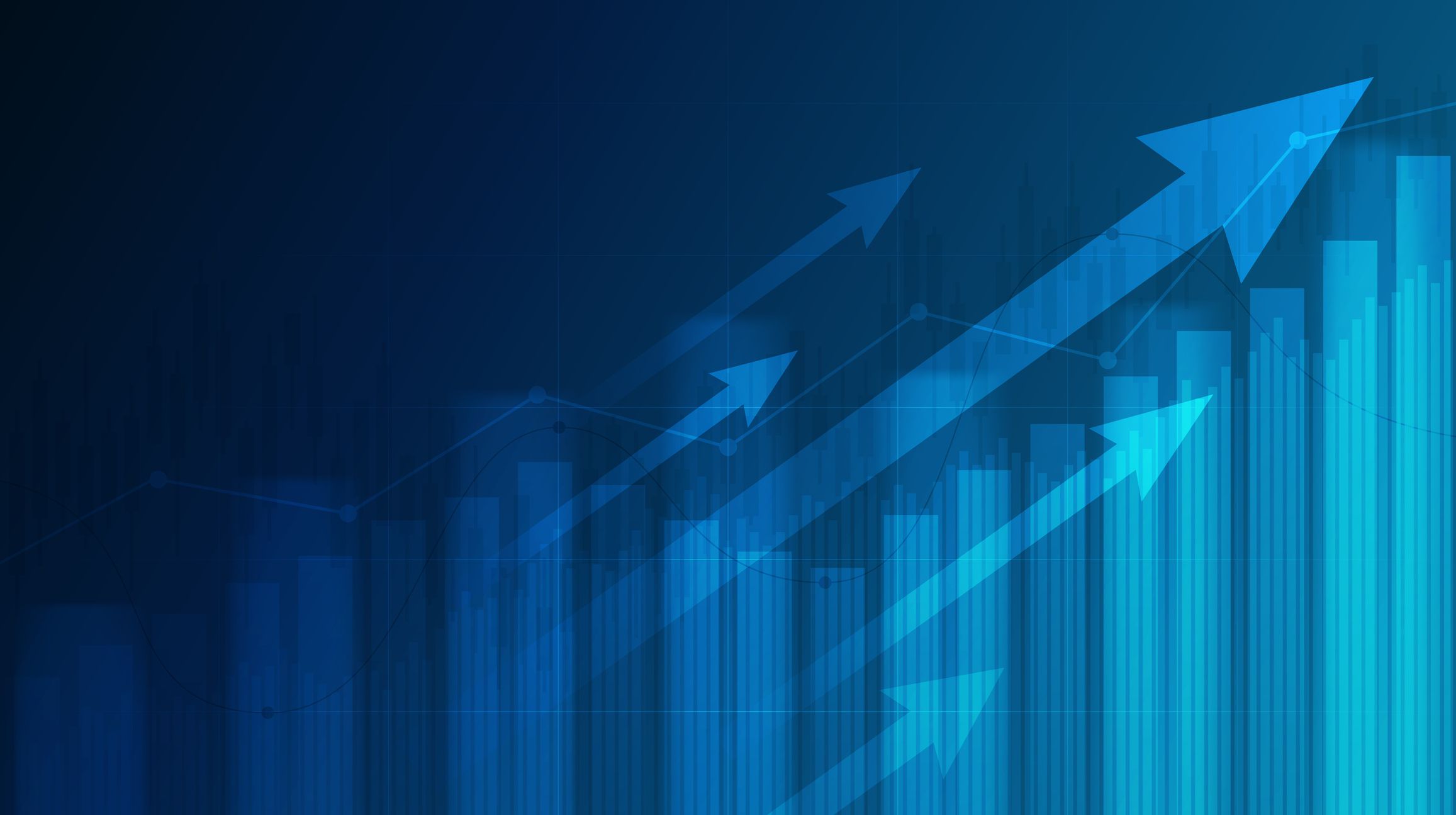 Abstract financial graph with uptrend line and arrows in stock market on blue colour background