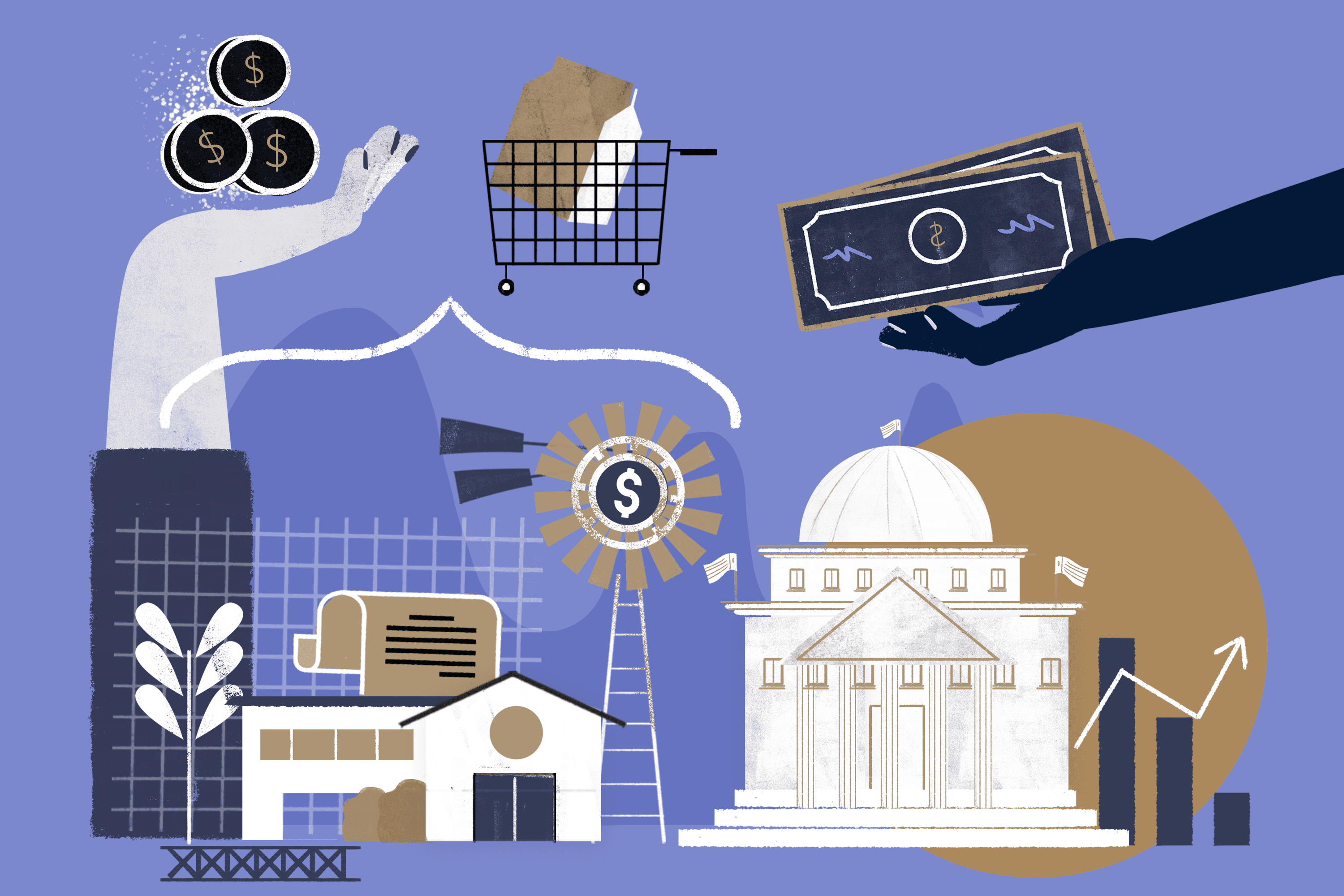 Illustration of various items that depict the economy, including a hand holding dollar bills, a farm and a grocery cart.