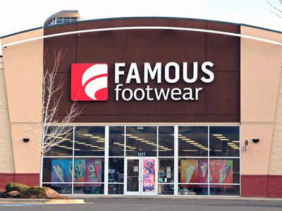 Famous footwear store entrance in outdoor strip mall, Idaho