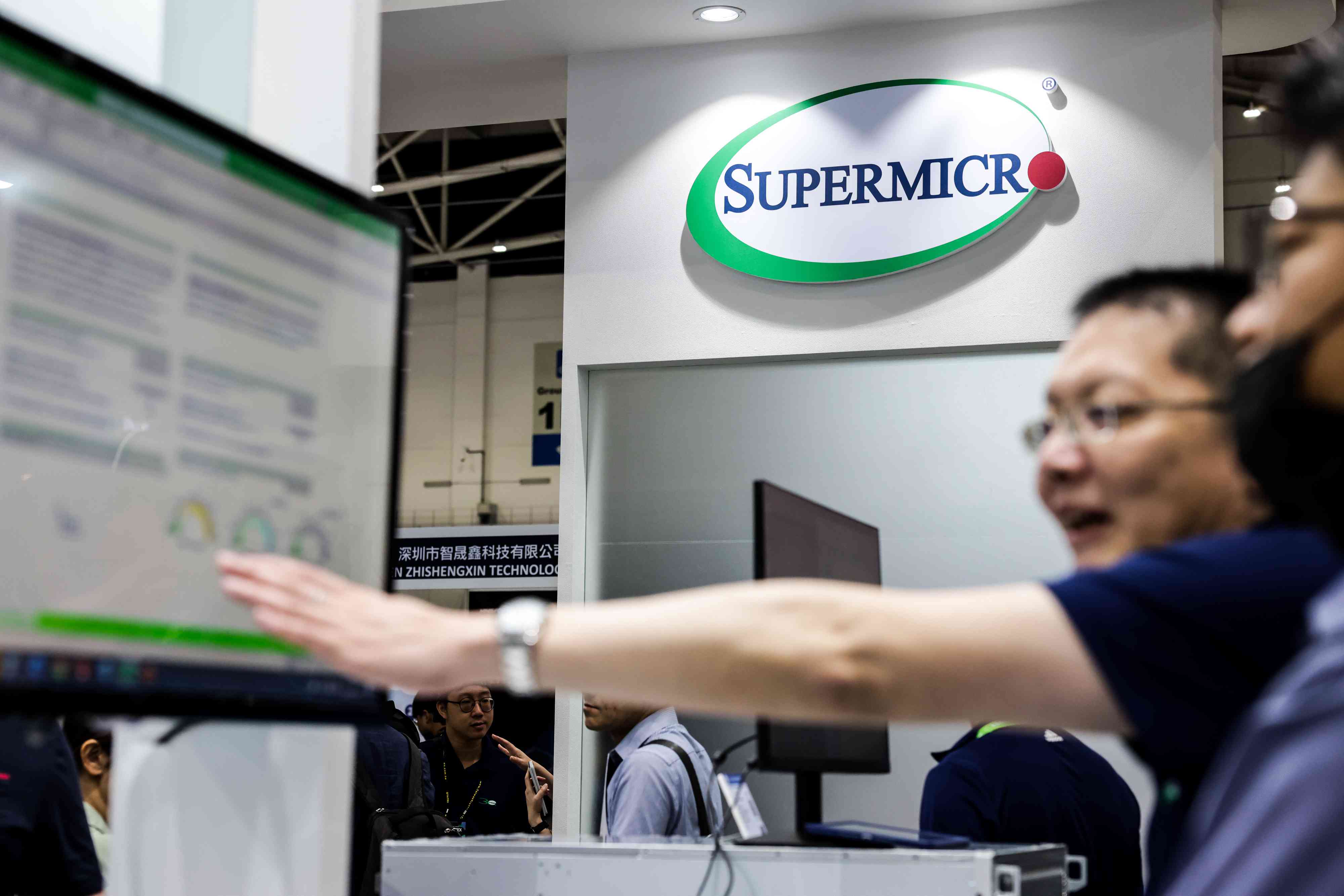 Signage for Super Micro Computer Inc. during the Taipei Computex expo in Taipei, Taiwan, on Tuesday, May 30, 2023.