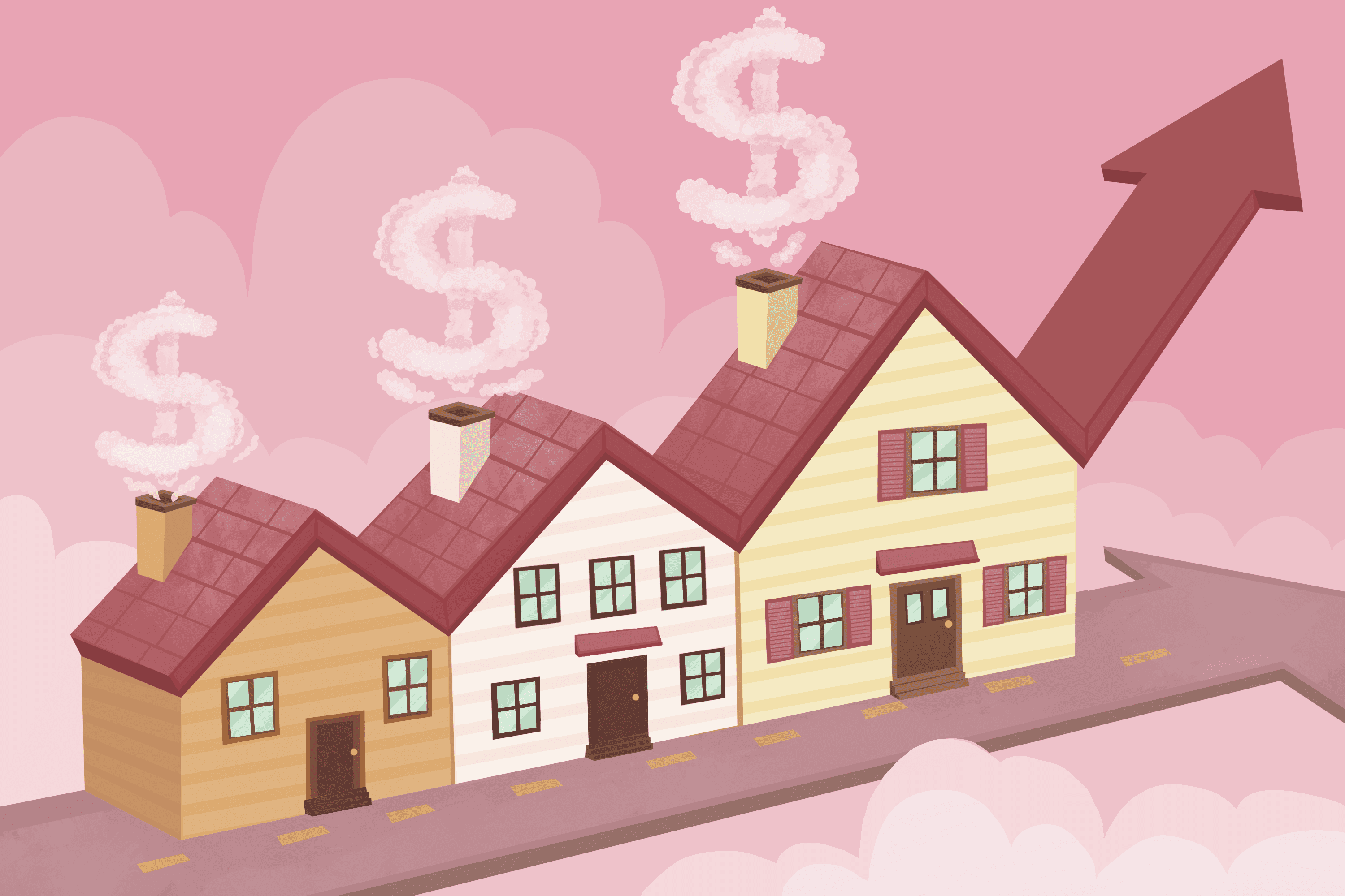 Illustration of three homes in a row, with dollar signs above them, and an up arrow representing different types of home loans.