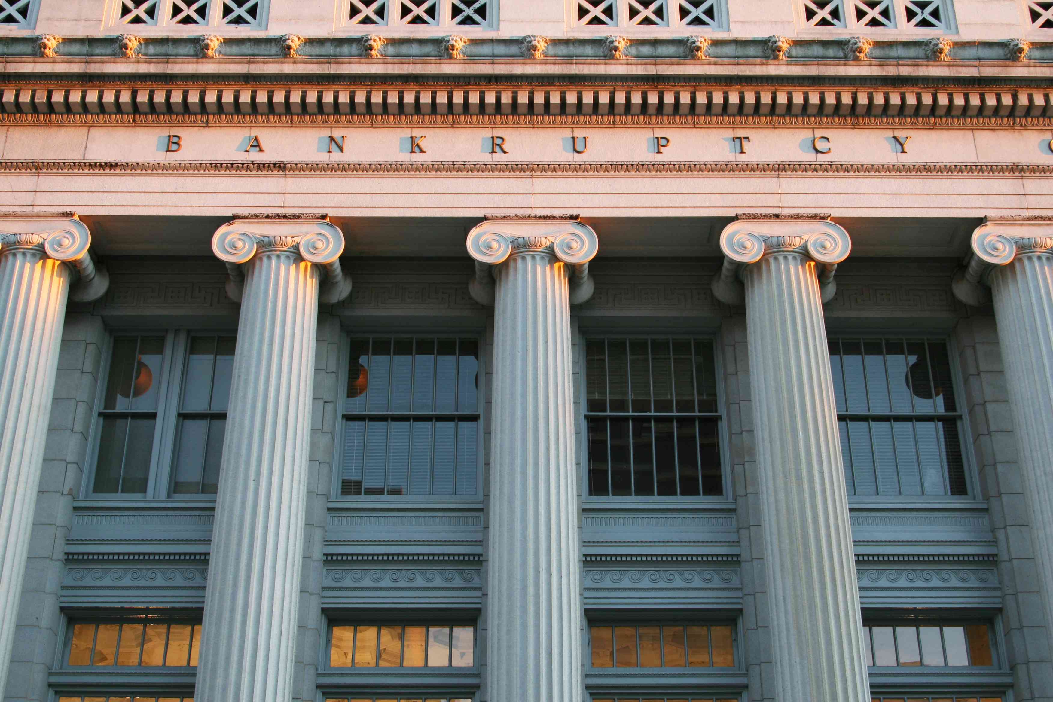 The courthouse for bankruptcies in Dayton, Ohio, showing Ionic-style columns and the word "BANKRUPTCY"