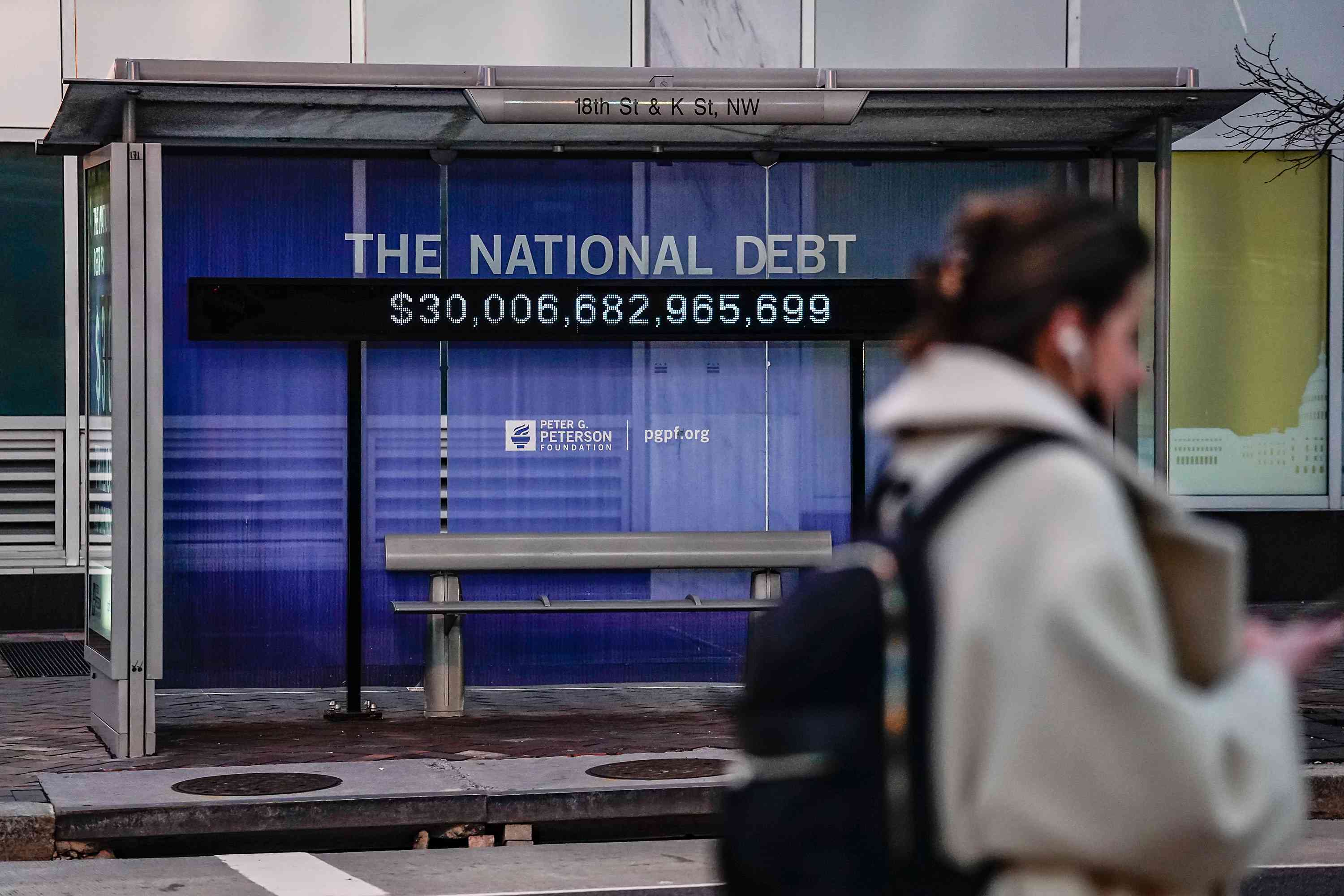 A Peterson Foundation billboard displaying the national debt is pictured on 18th Street in downtown Washington, D.C., on Feb. 8, 2022.