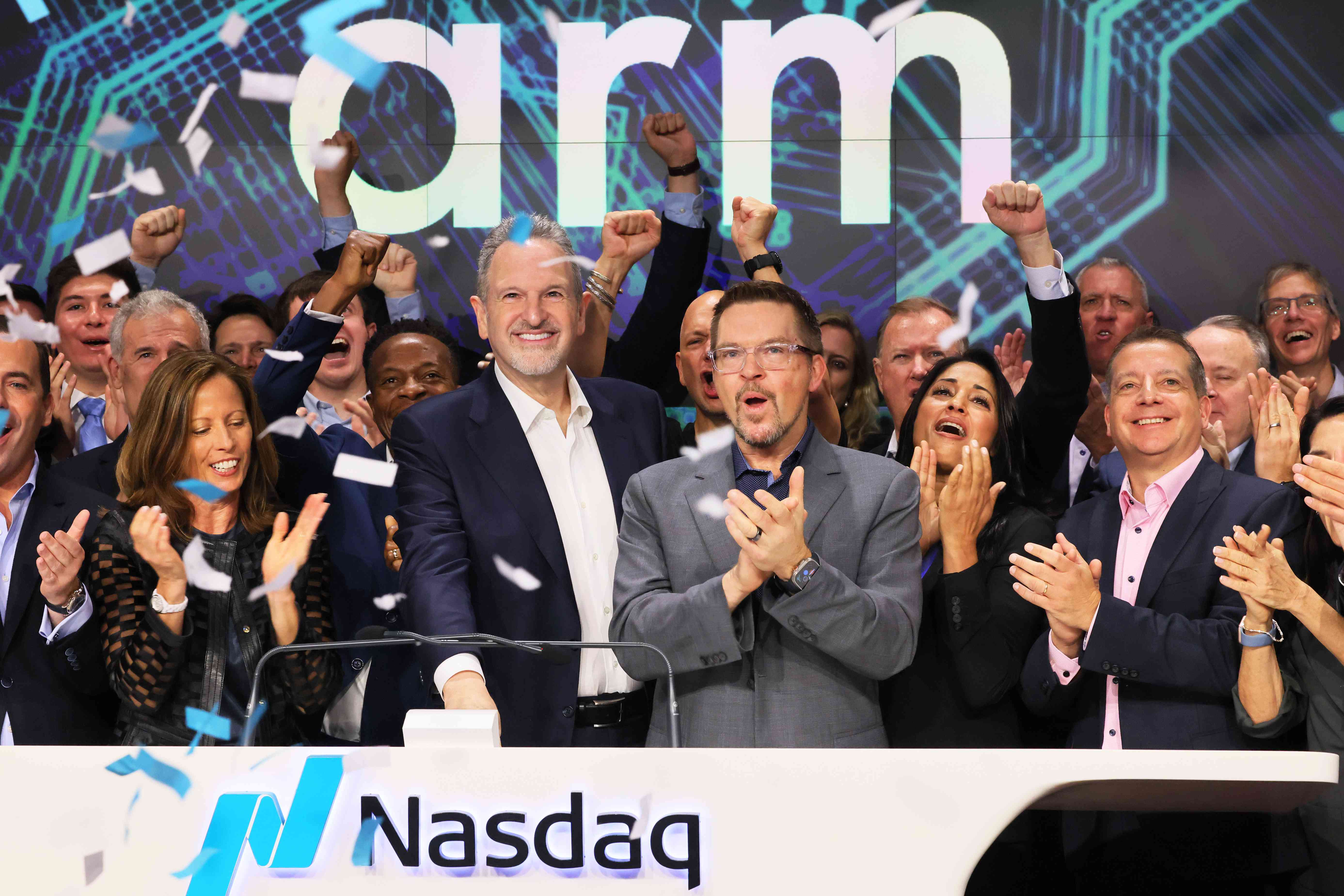 Arm Holdings CEO Rene Haas rings the Nasdaq opening bell at the Nasdaq