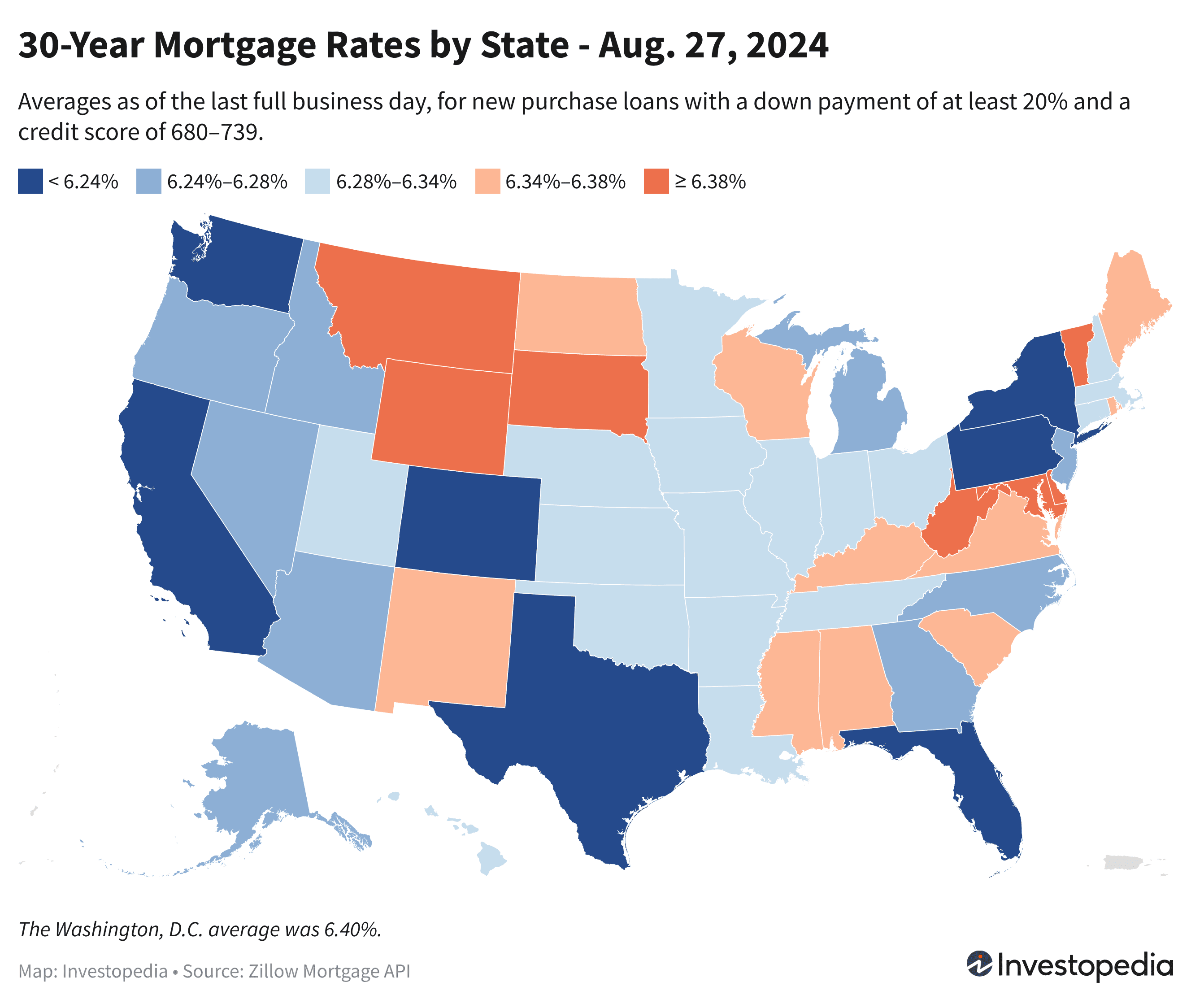 U.S. map showing the 30-year mortgage rates for every state - Aug. 27, 2024