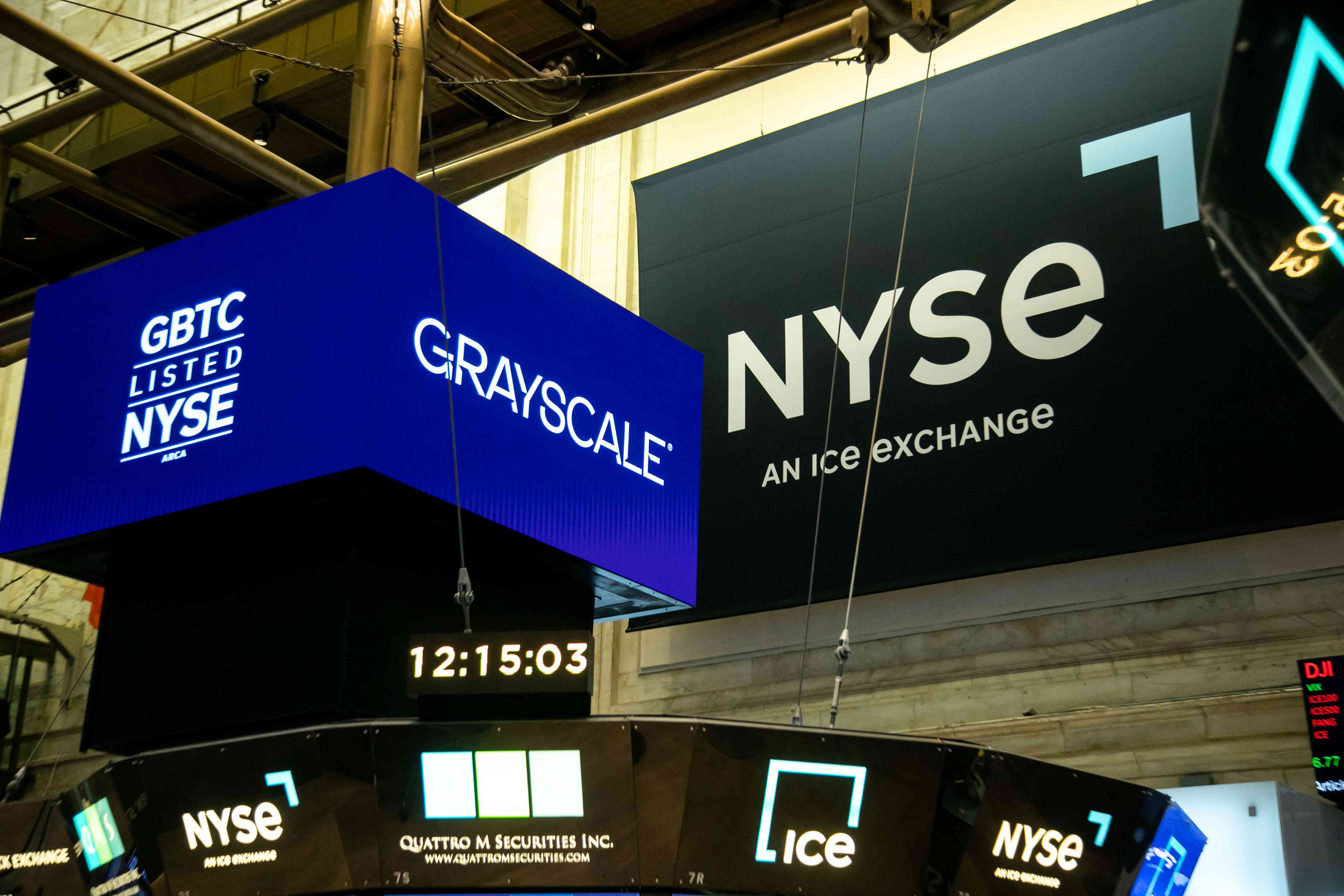 Grayscale Bitcoin Trust ETF (GBTC) signage on the floor of the New York Stock Exchange (NYSE)