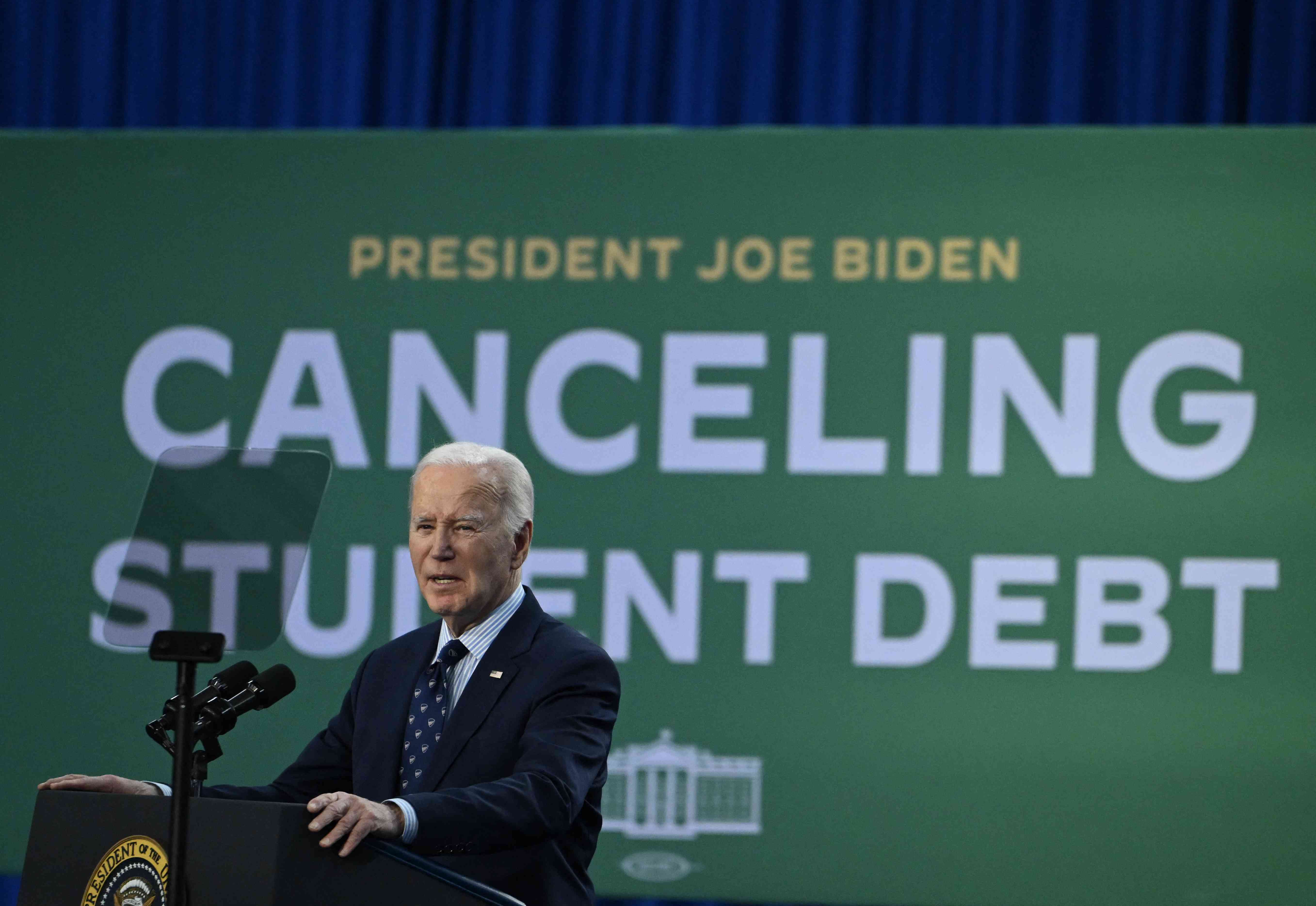 US President Joe Biden speaks about student loan relief at Madison College in Madison, Wisconsin, on April 8, 2024.