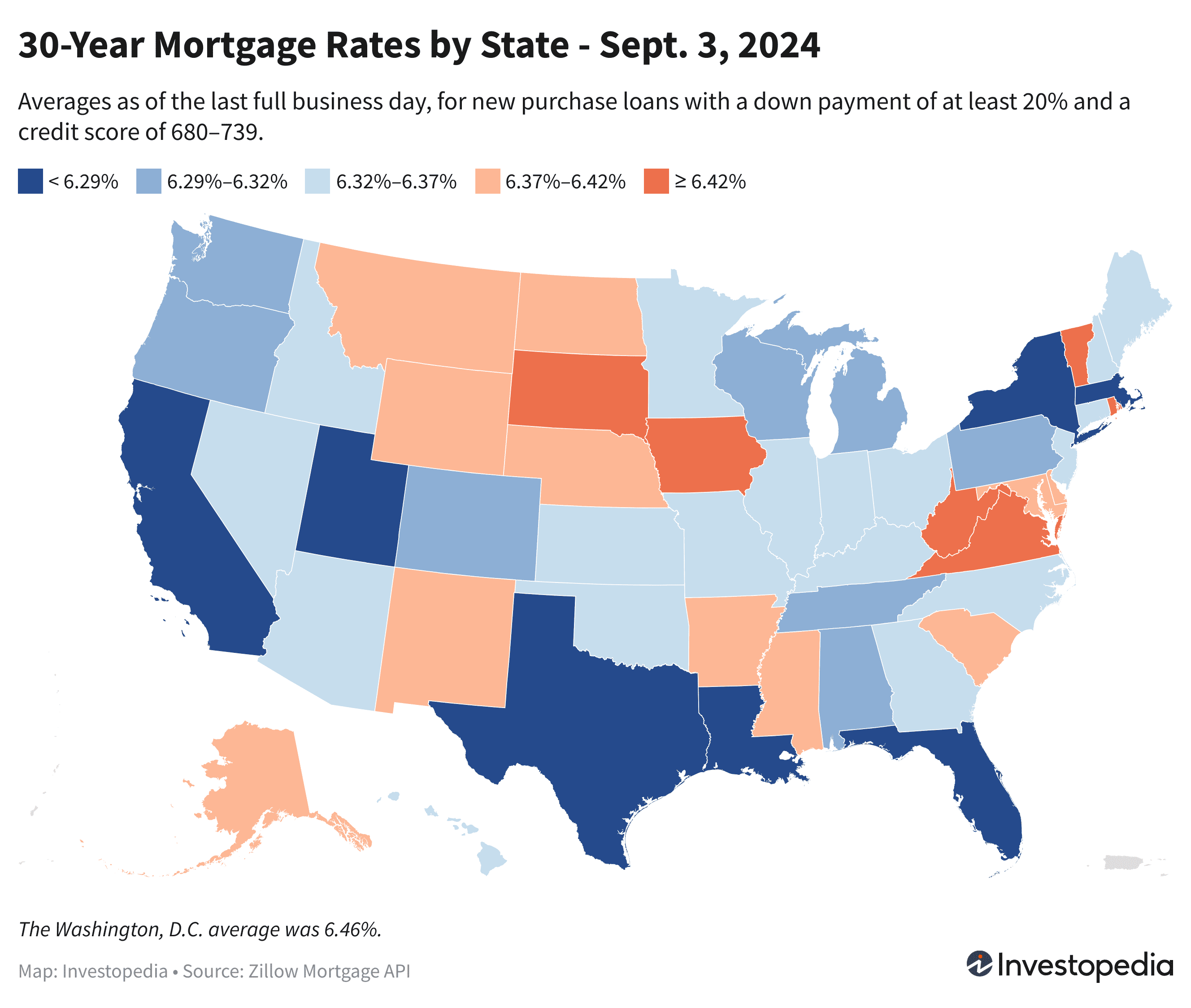 U.S. map showing the 30-year mortgage rates for every state - Aug. 30, 2024