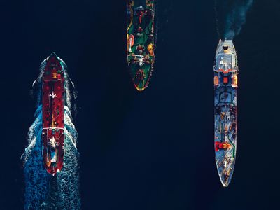 Aerial view of three cargo ships