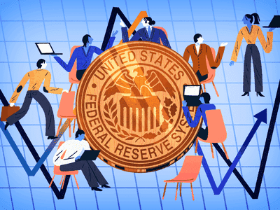 An illustration shows people meeting around a table that looks like the Federal Reserve crest. 