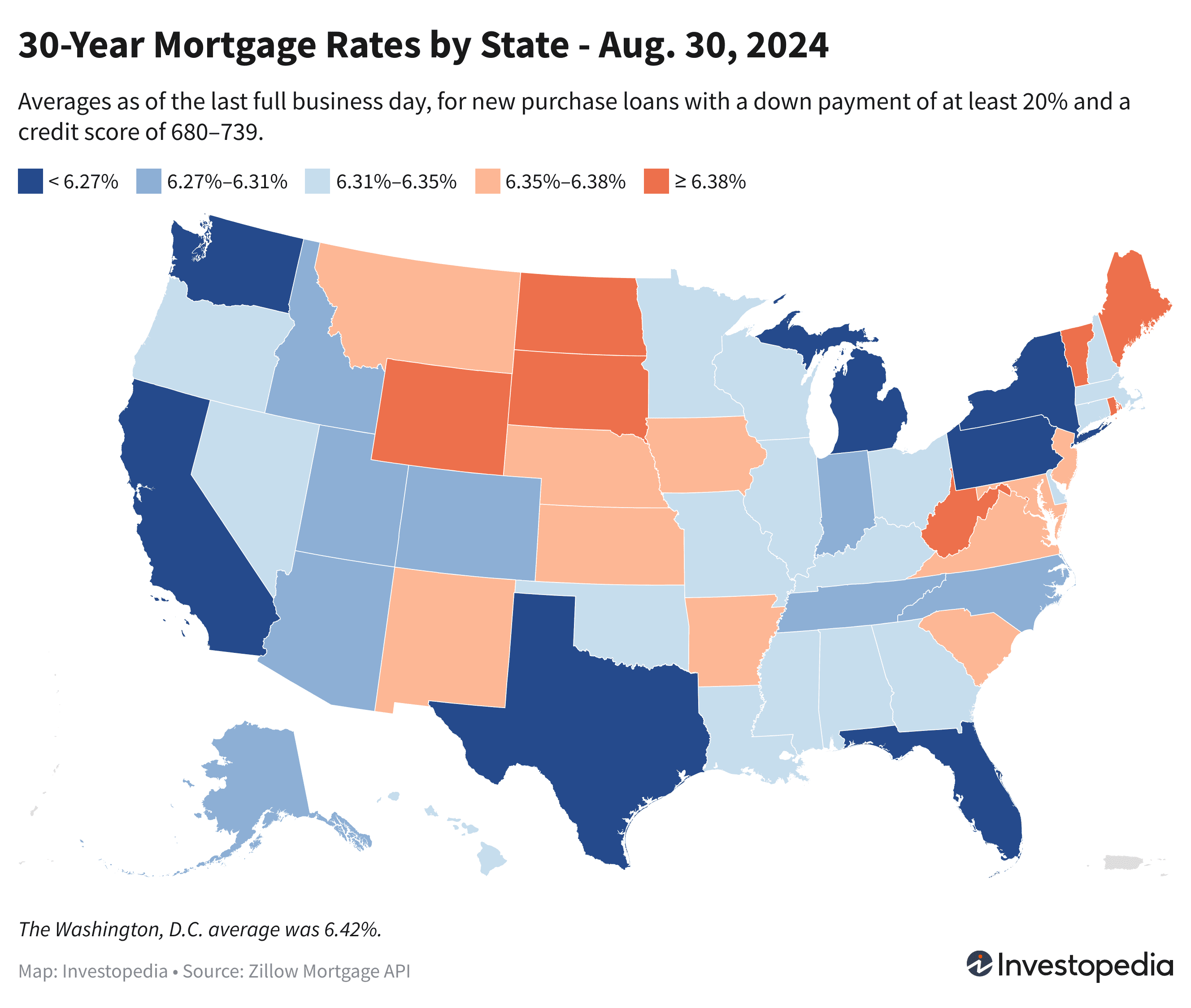 U.S. map showing the 30-year mortgage rates for every state - Aug. 30, 2024