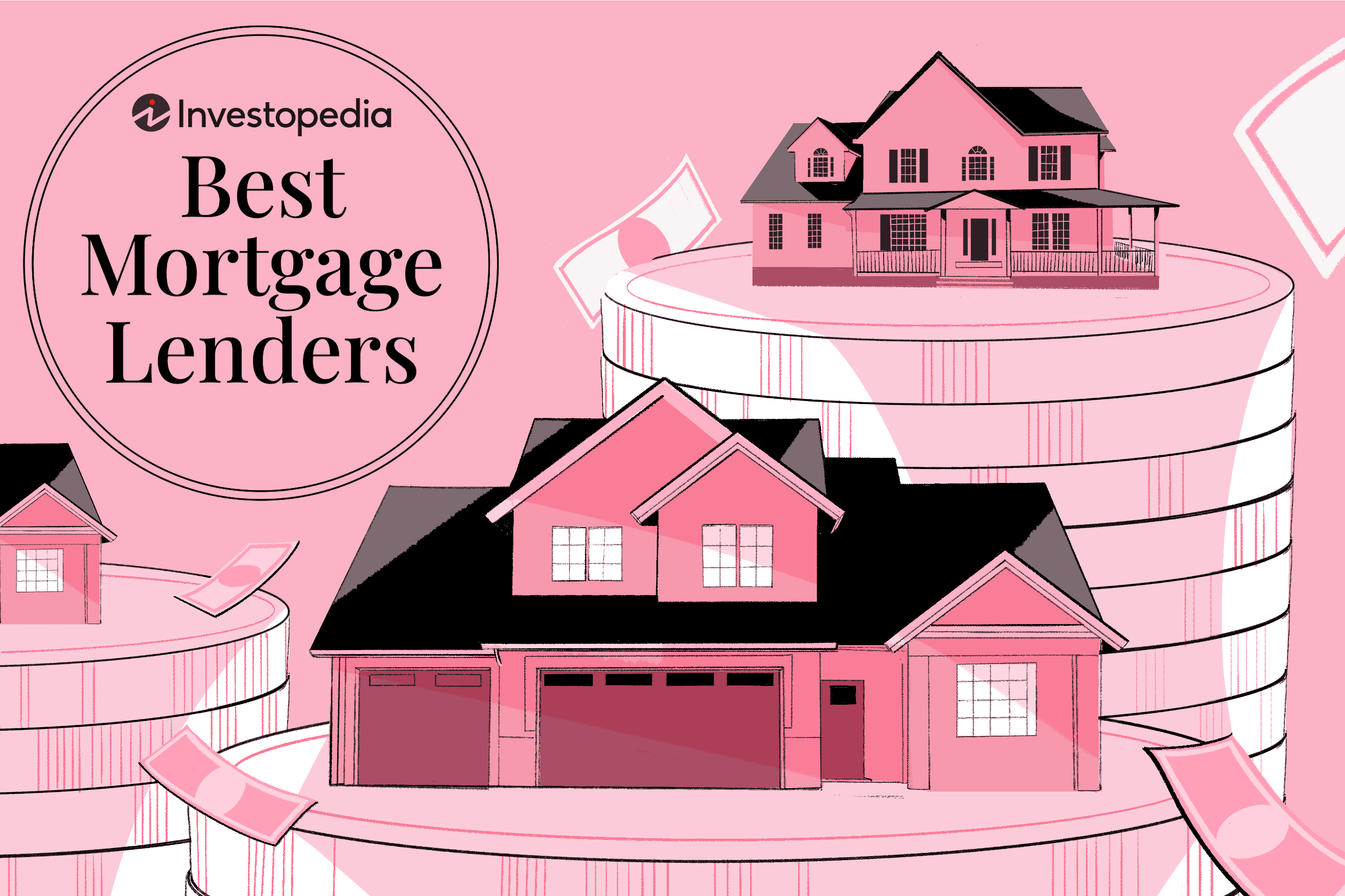 The image is titled "Best Mortgage Lenders" and has a pink background. The top left features the "Investopedia" logo, indicating the source. The main visual includes several houses placed atop stacks of coins, symbolizing financial investments. The overall color scheme is pink, with a minimalistic and stylized design. The scene suggests the connection between mortgage lenders and real estate investments.