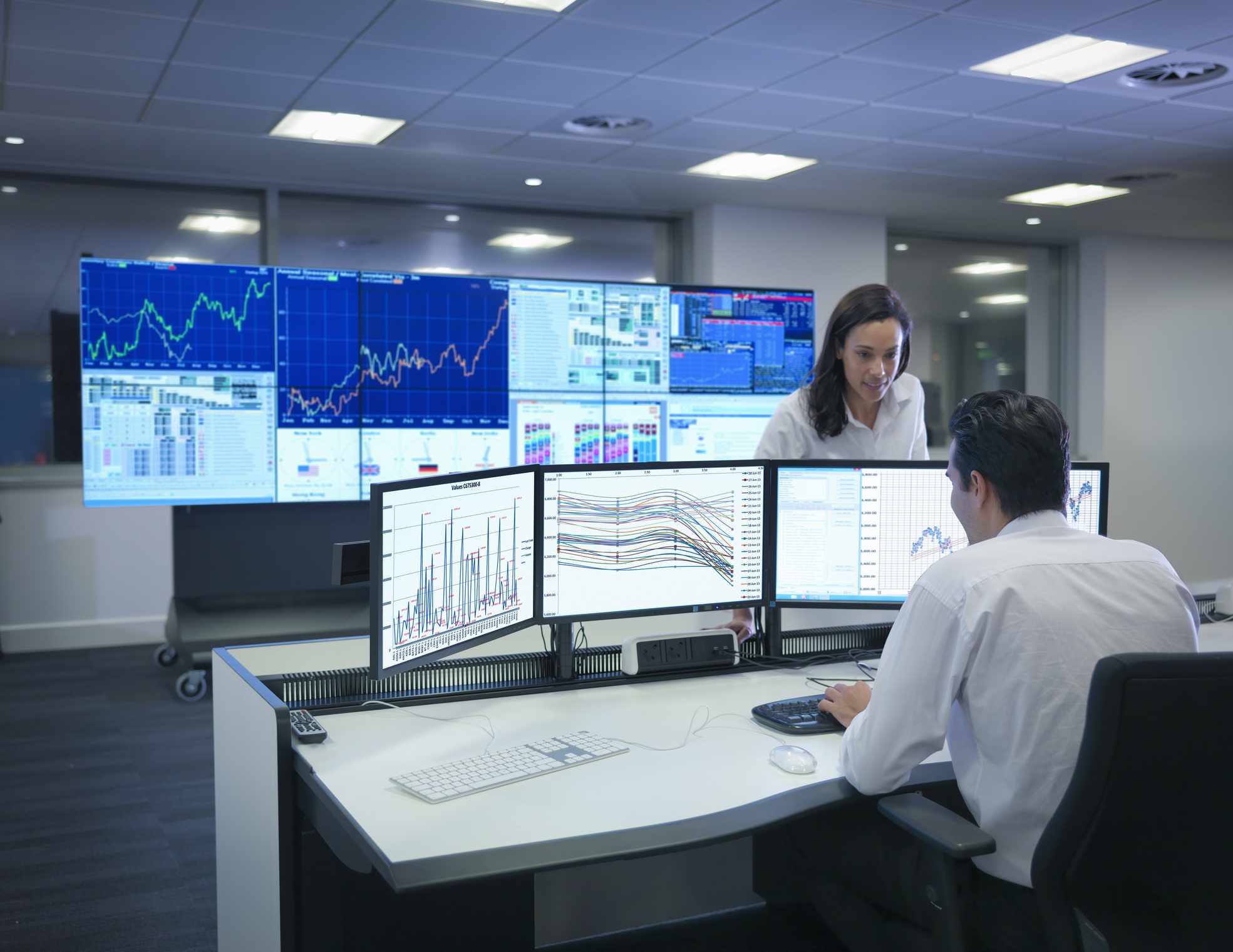 Financial analysts working on computer screens showing graphs