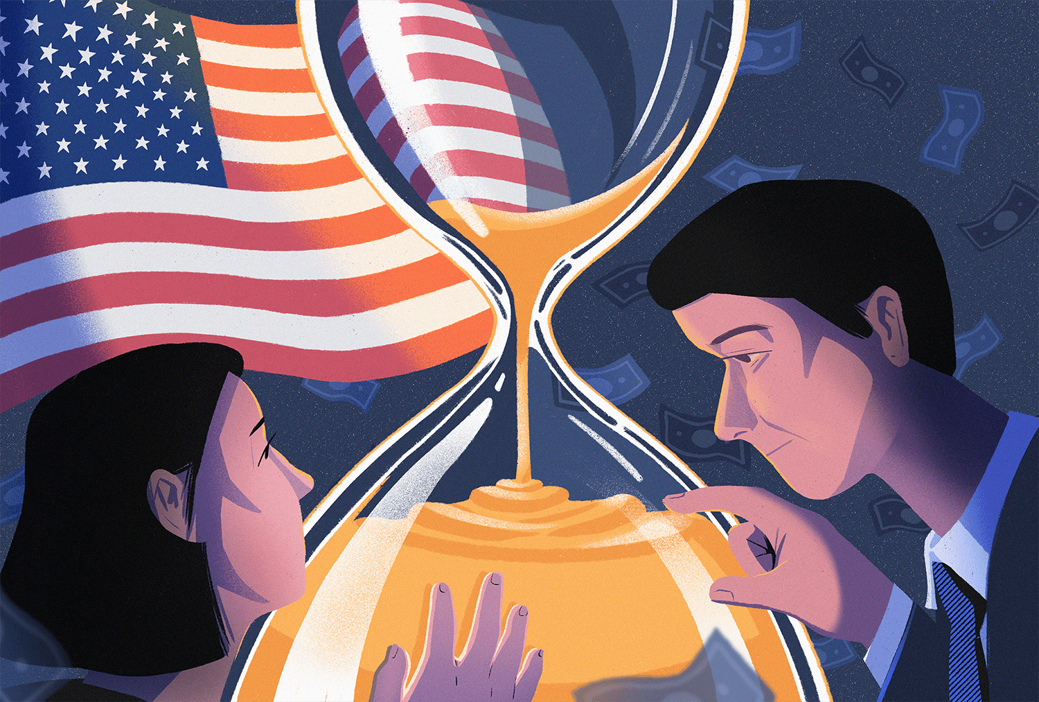 Illustration of two people watching sand go through hourglass, with a U.S. flag and floating dollar bills in the background. 