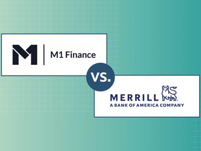 The image shows M1 Finance logo vs Merrill logo, there is a teal background with white square designs