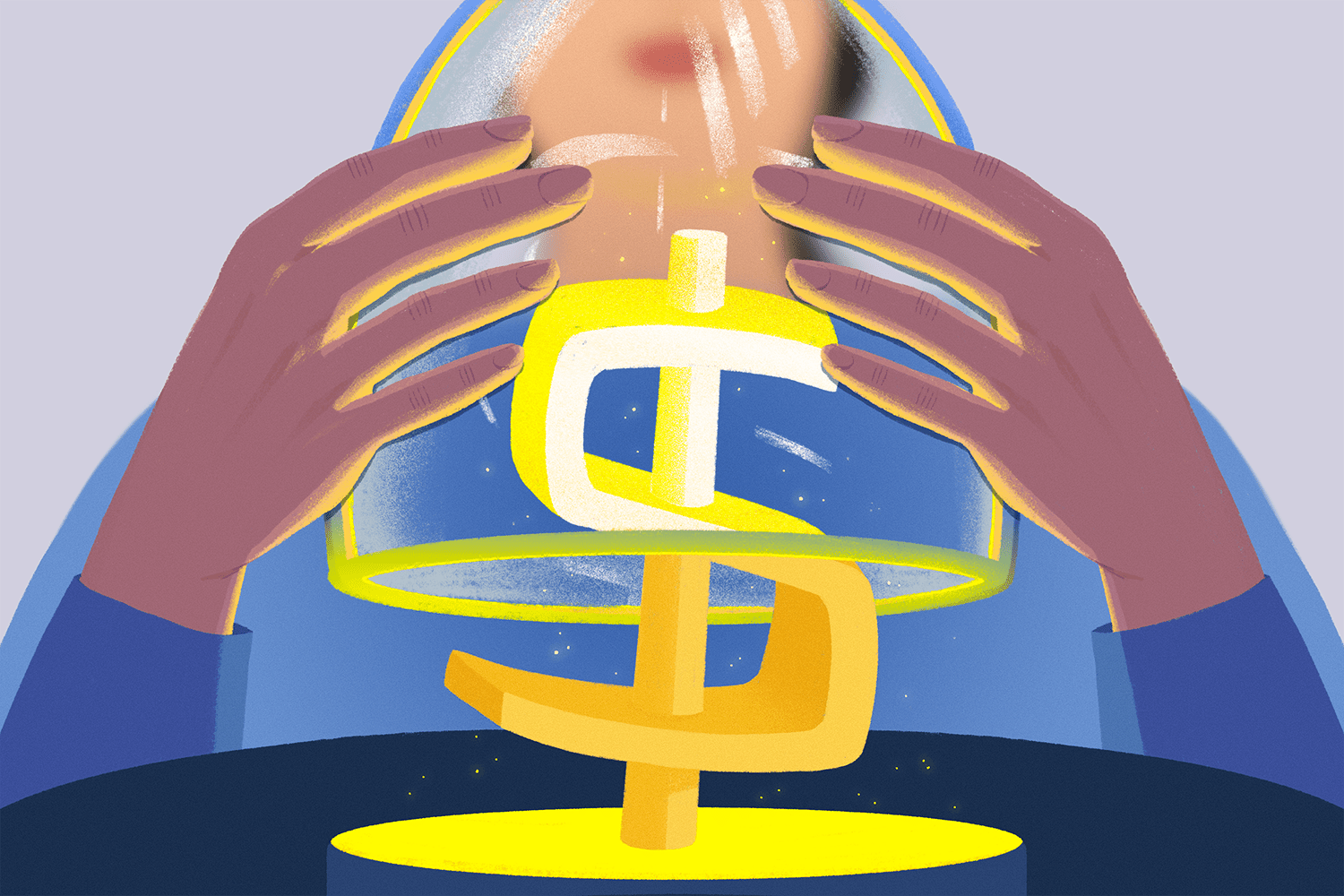 An illustration of a person lifting a glass dome to look at a golden money symbol