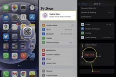 The Settings app, Apple ID, and Sign Out button in iOS