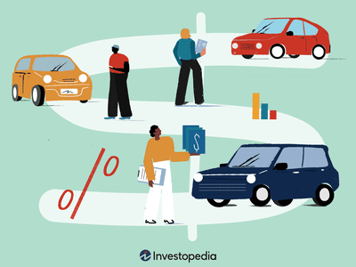 Original illustration symbolizing the best auto loan rates, showing a dollar sign with figures of cars, people, and monetary symbols.