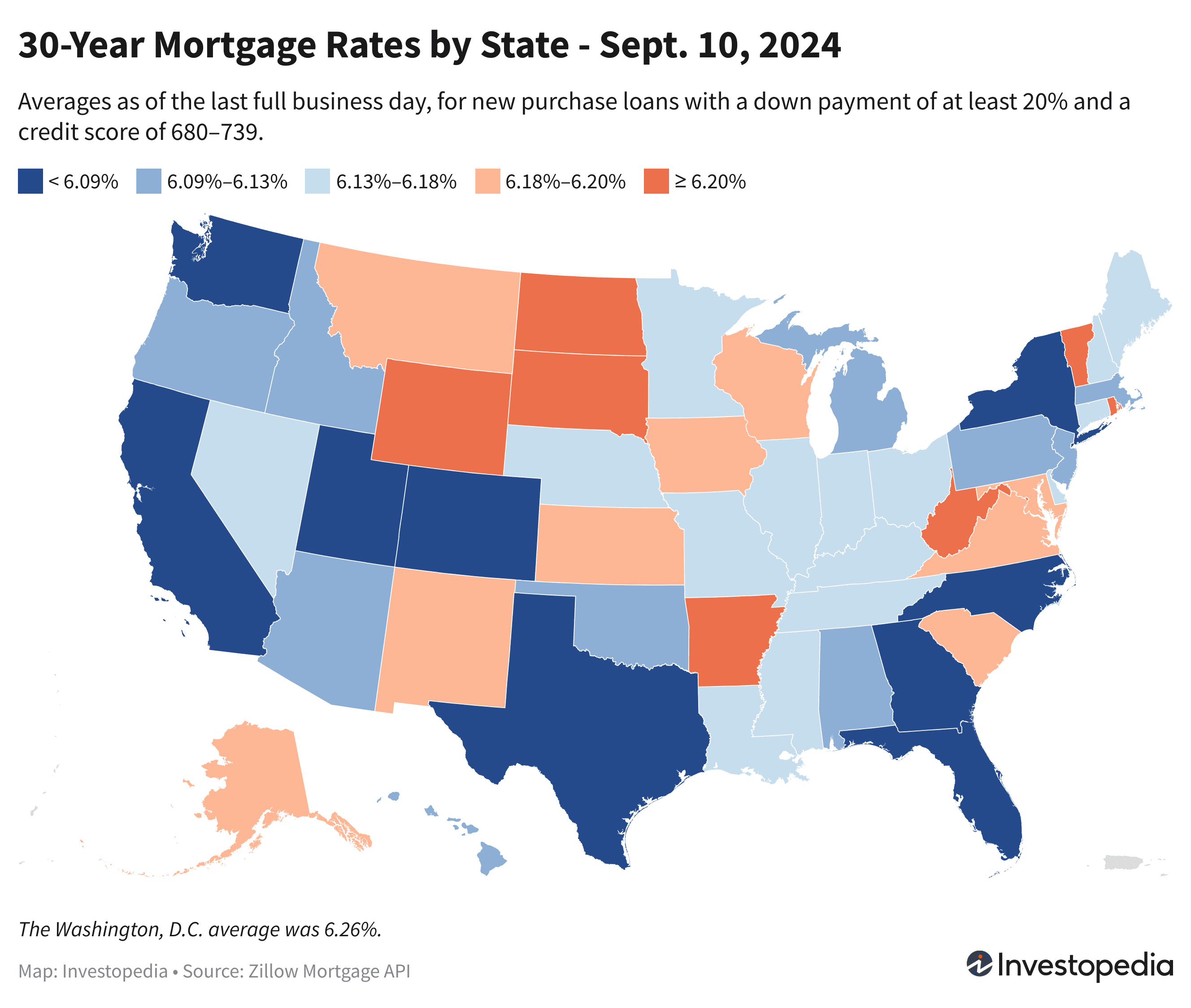 U.S. map showing the 30-year mortgage rates for every state - Sep. 10, 2024