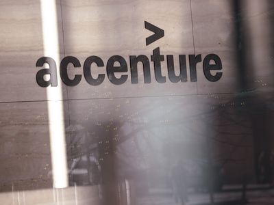 The Accenture logo appears on a wall at the company's office in New York City