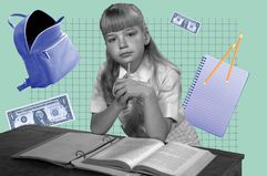 illustration of a schoolgirl with dollar bills and schools supplies