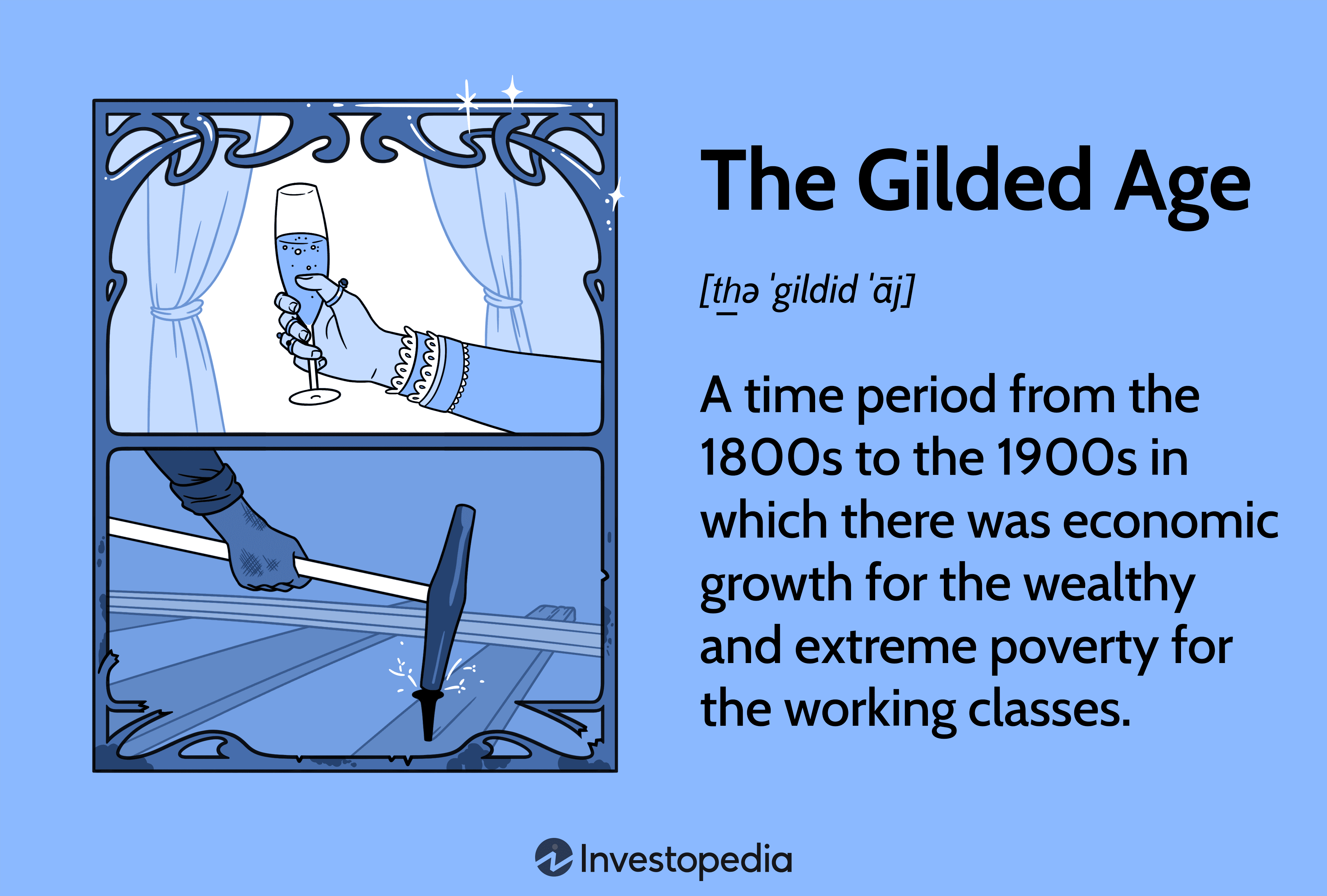 Gilded Age: A time period from the 1800s to the 1900s in which there was economic growth for the wealthy and extreme poverty for the working classes.