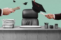 Illustration of an office chair, graduation hat depicting student loans for employees