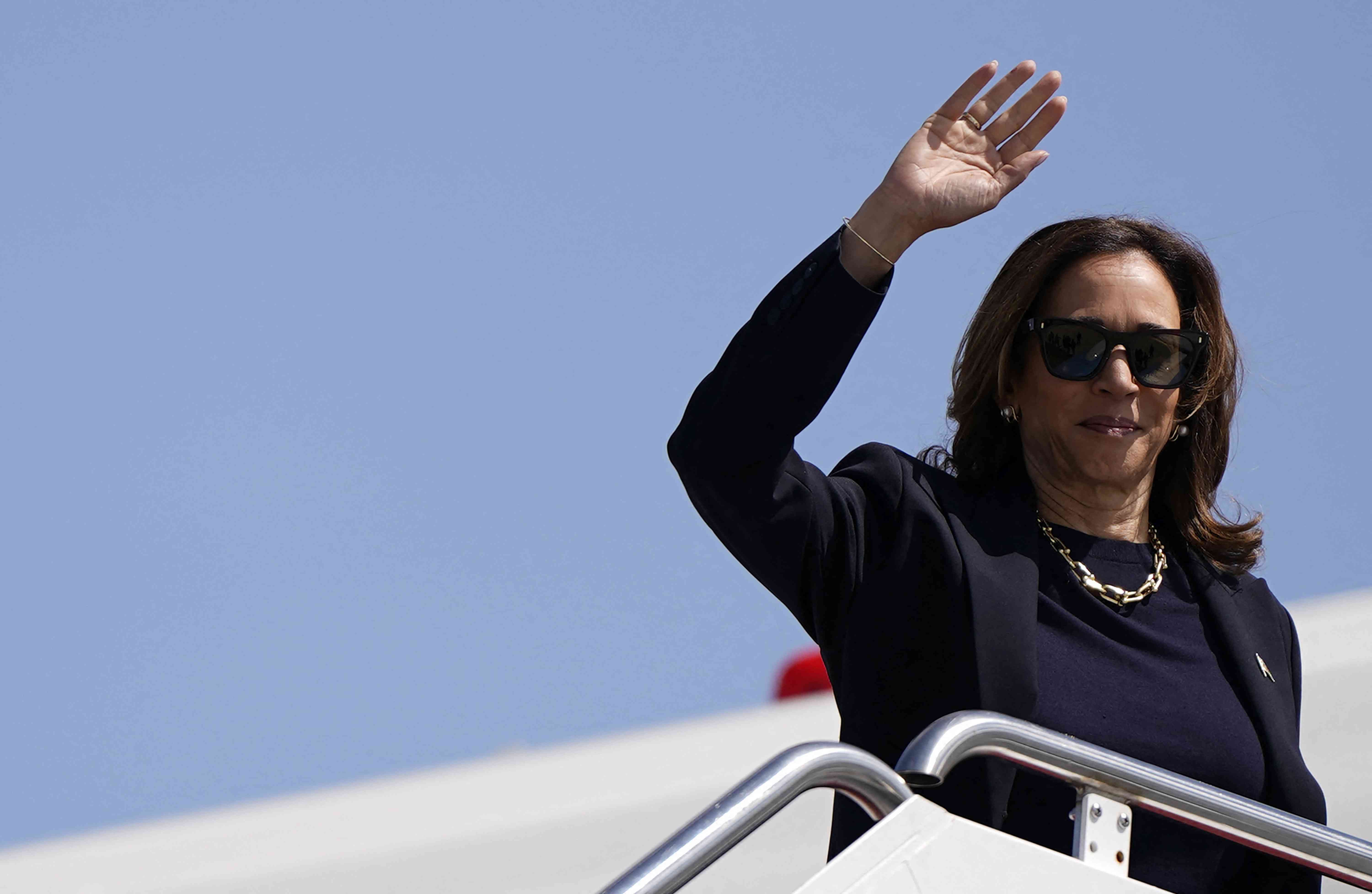 US Vice President and Democratic presidential candidate Kamala Harris boards Air Force Two at Joint Base Andrews in Maryland on September 5, 2024. Harris will be attending a campaign event in Pittsburgh, Pennsylvania.