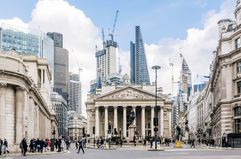 Street in the City of London With Royal Exchange, Bank of England and New Modern Skyscrapers, England, UK