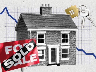 illustration of housing market, home with for sale and sold sign