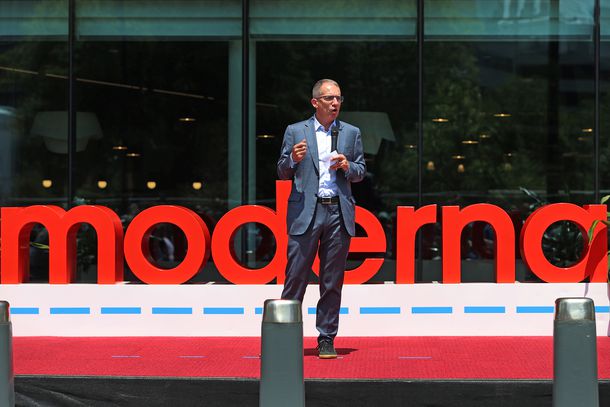 Moderna CEO Stephane Bancel at the grand opening of the company's new headquarters outside Kendall Square on June 26, 2024. 