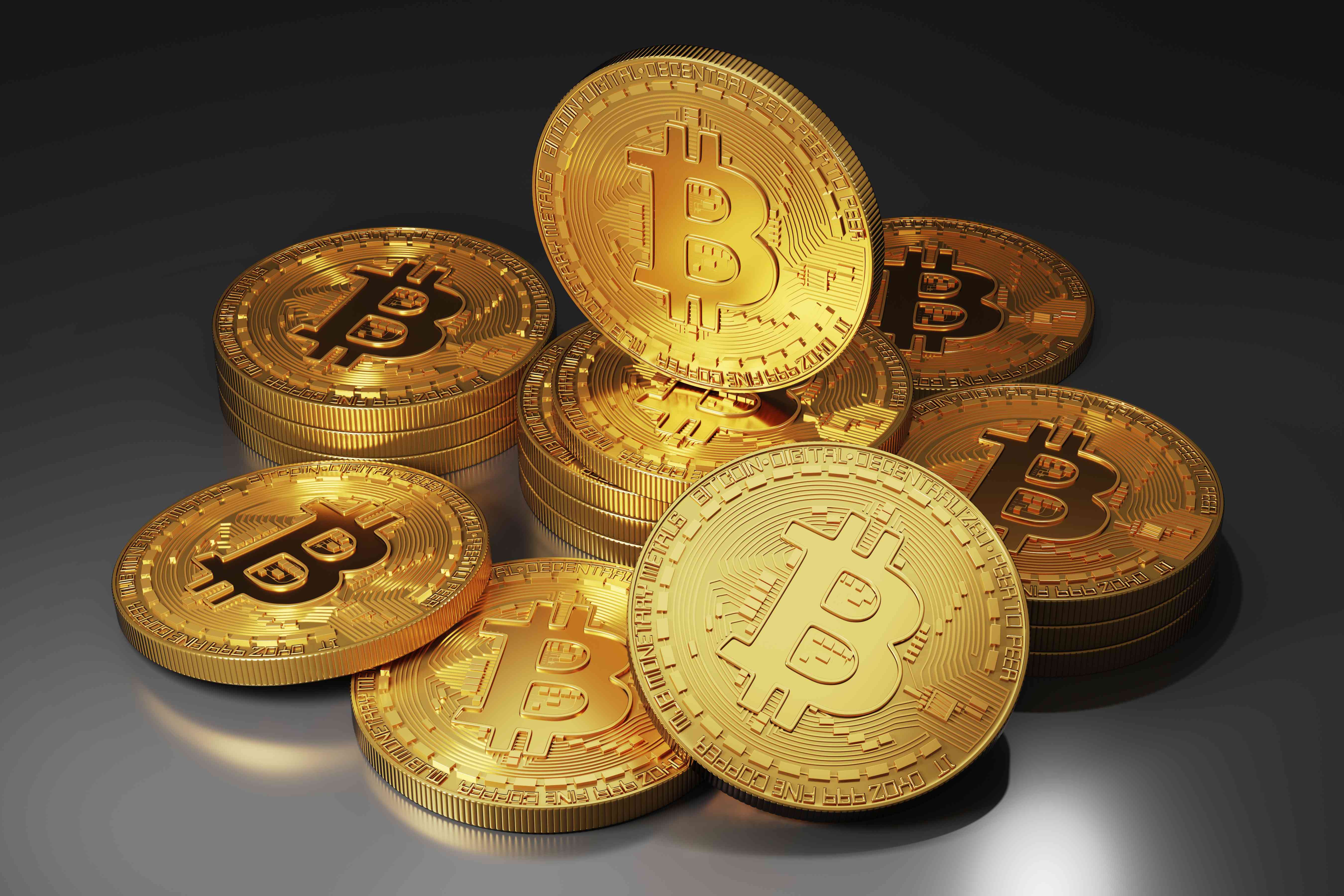 3D illustration of Bitcoin coins,