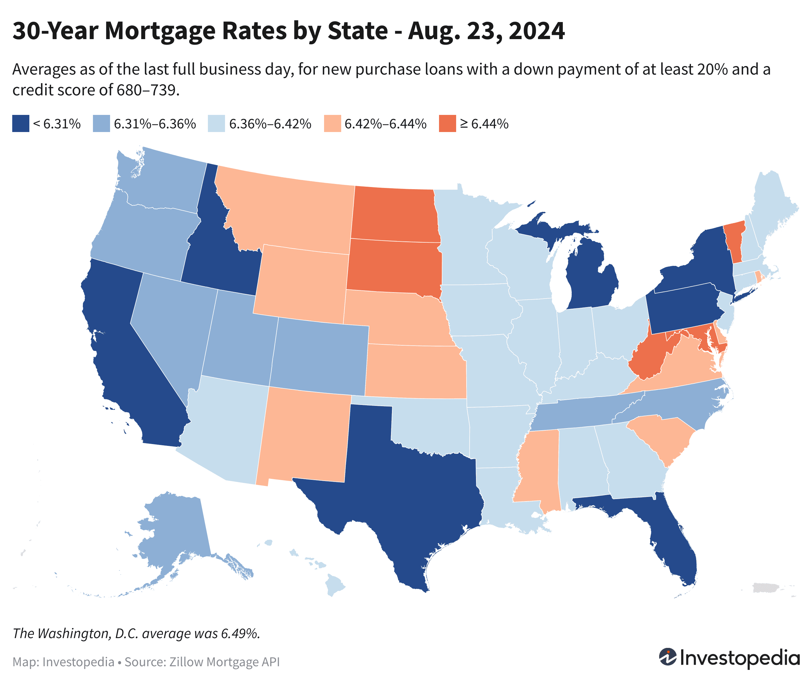 U.S. map showing the 30-year mortgage rates for every state - Aug. 23, 2024