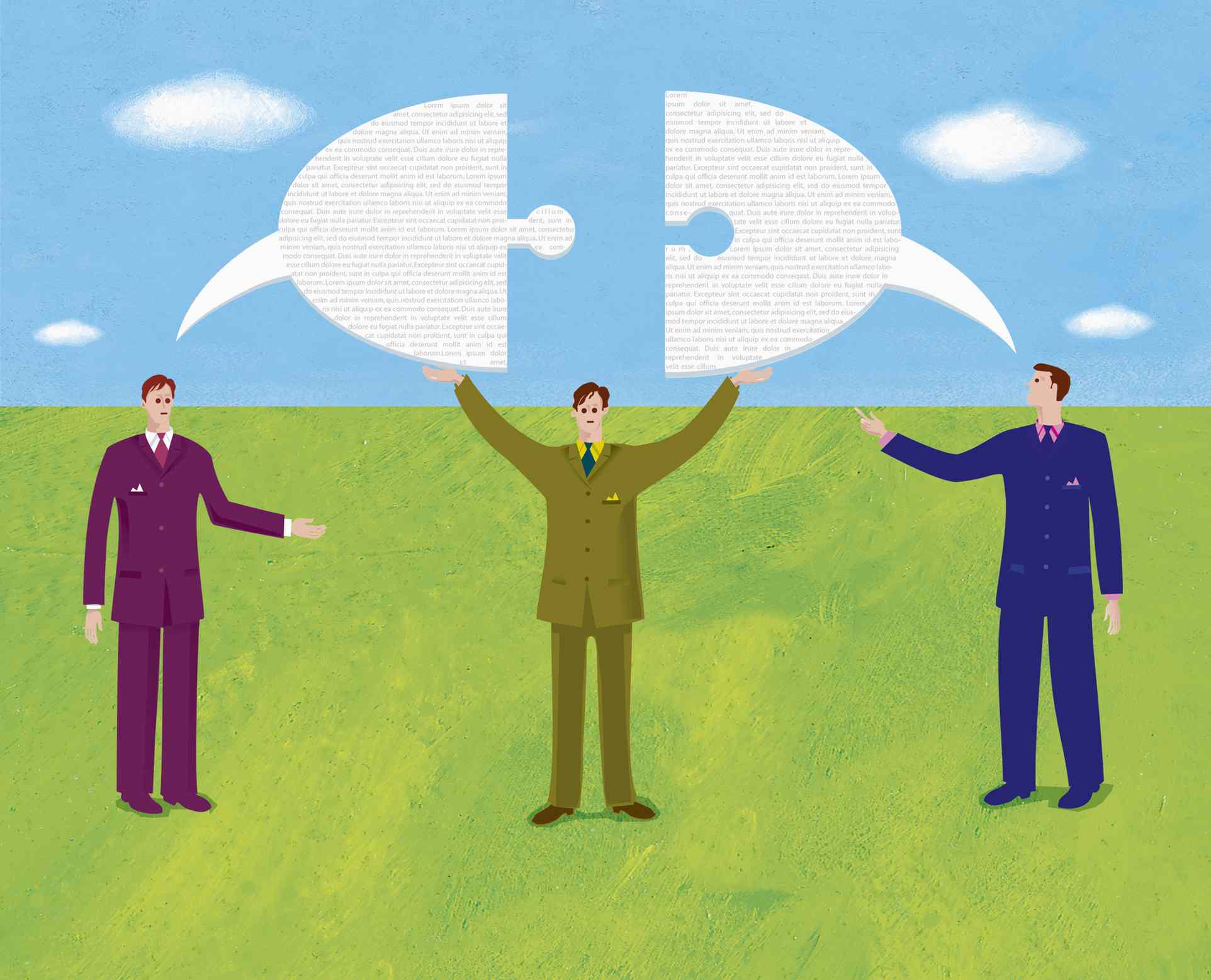 Businessmen and speech bubble shaped as puzzle piece