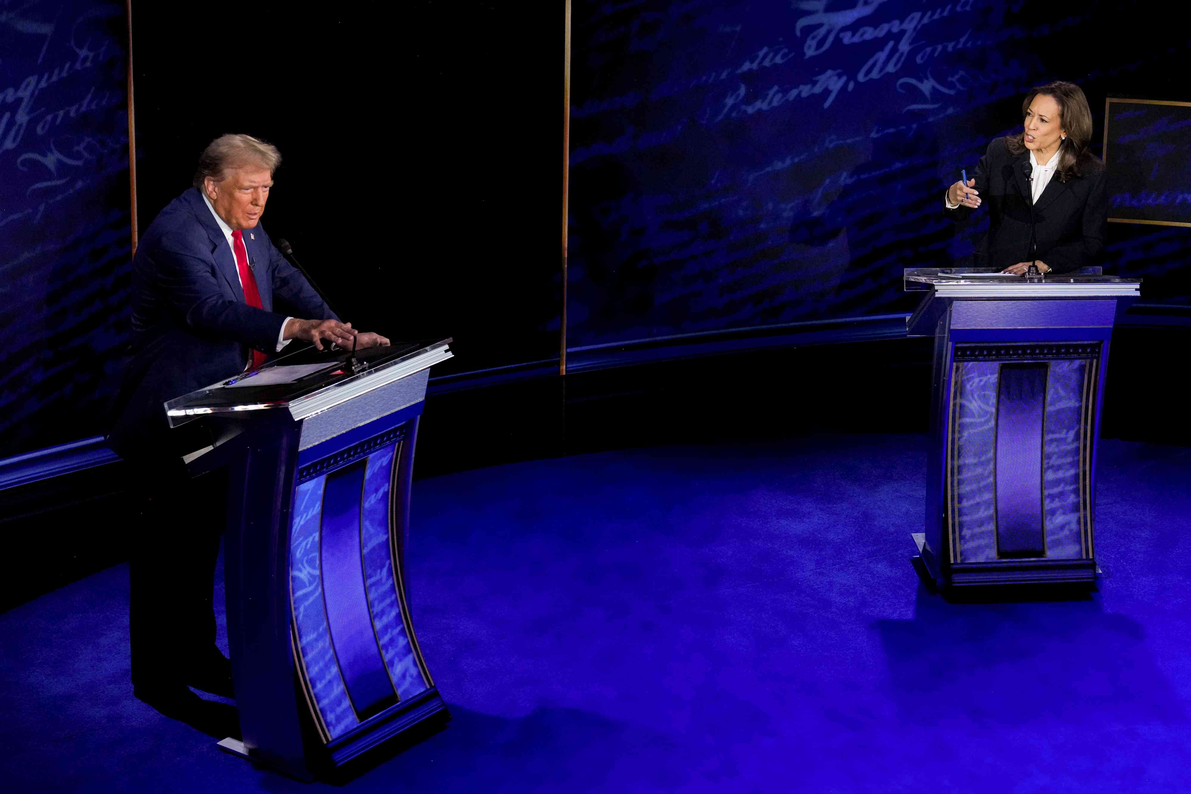 US Vice President Kamala Harris, right, and former US President Donald Trump during the second presidential debate at the Pennsylvania Convention Center in Philadelphia, Pennsylvania, US, on Tuesday, Sept. 10, 2024.