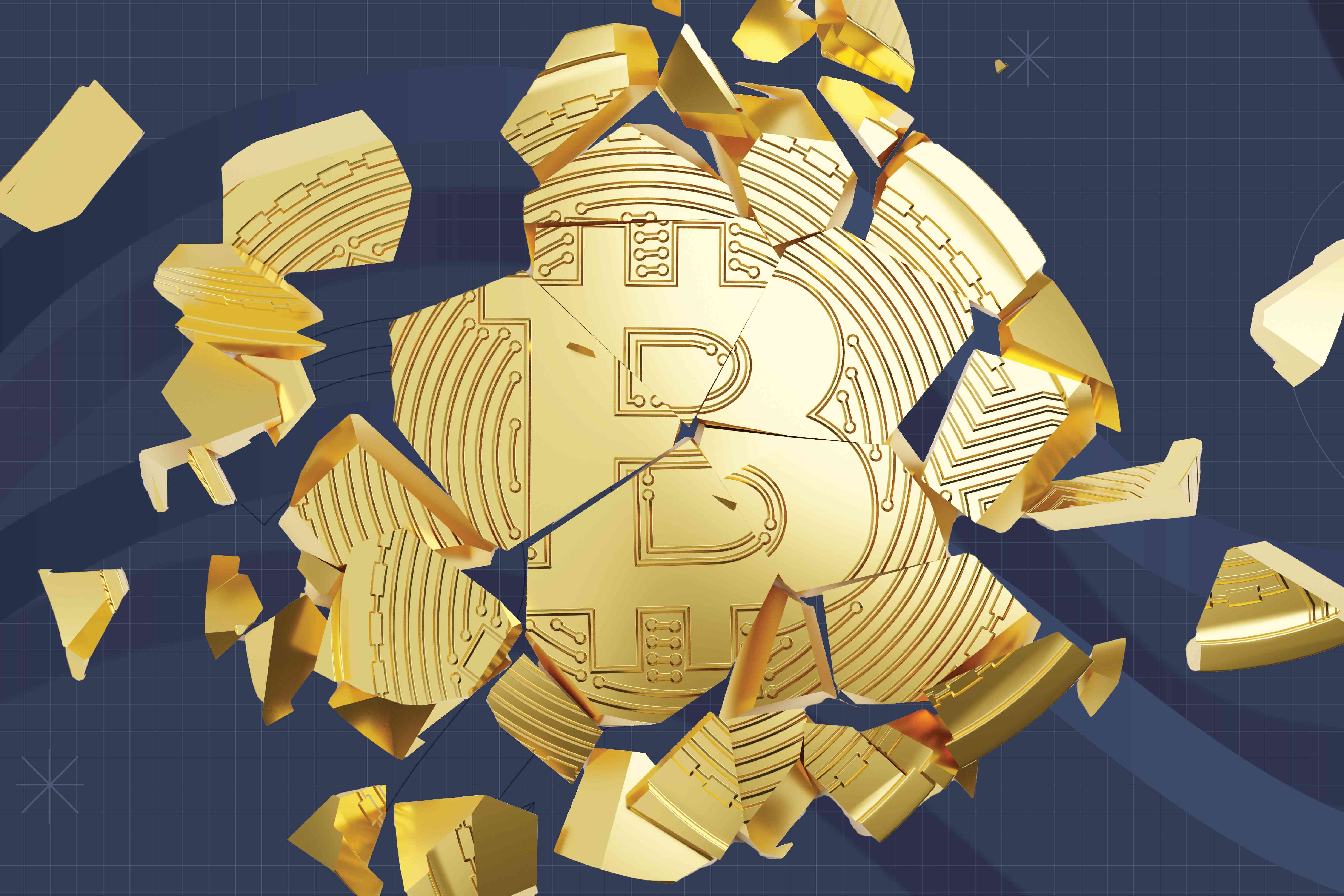 illustration of a cracked symbolic bitcoin coin