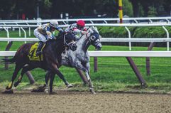 Two jockeys vie for the advantage in a horse race.