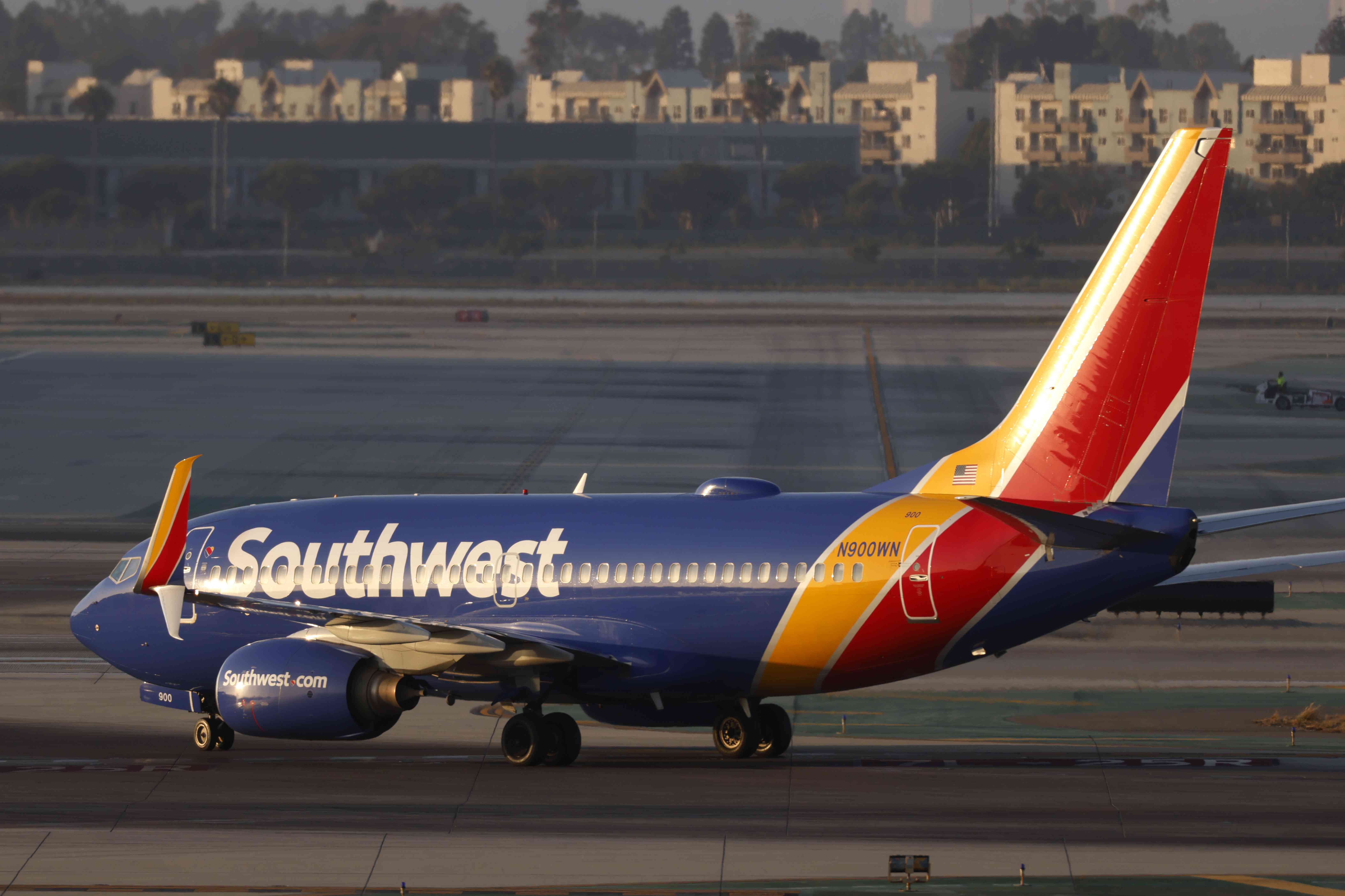 A Southwest Airlines Boeing 737 taxis at Los Angeles International Airport after arriving from Phoenix on September 1, 2024 in Los Angeles, California