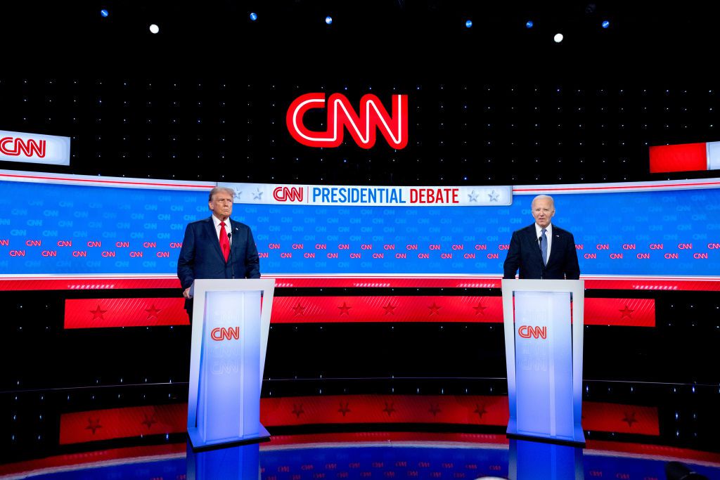 US President Joe Biden, right, and former US President Donald Trump during the first presidential debate in Atlanta, Georgia, US, on Thursday, June 27, 2024.