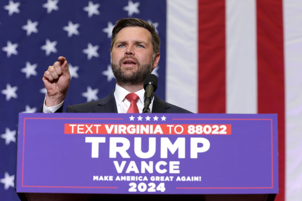 Republican vice presidential nominee, U.S. Sen. J.D. Vance (R-OH) speaks at a campaign rally at Radford University on July 22, 2024 in Radford, Virginia.