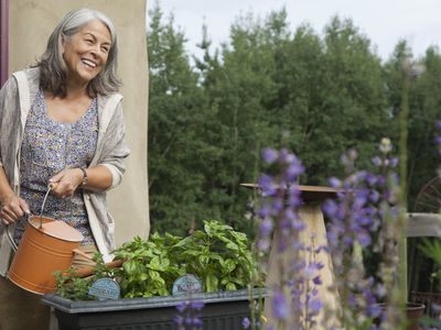 Senior woman watering outdoor herb garden on patio