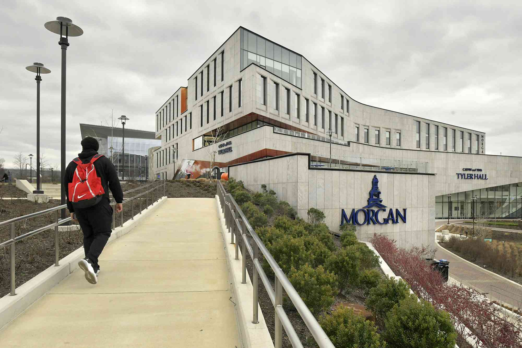 A student heads toward the south campus of Morgan State University in Baltimore.