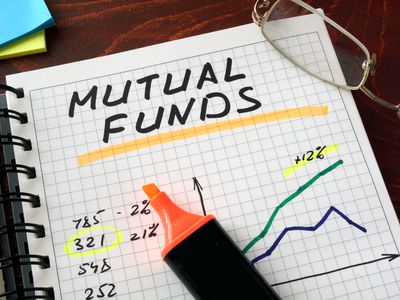 Notebook with mutual funds sign on a table. Business concept.