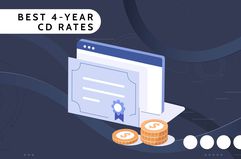 Investopedia custom visual assets shows a certificate and piles of change with the title Best 4-Year CD Rates