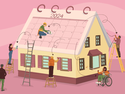 Illustration of a calendar on top of a house getting renovated.