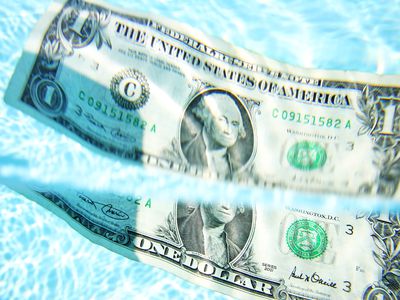 A dollar floating on water