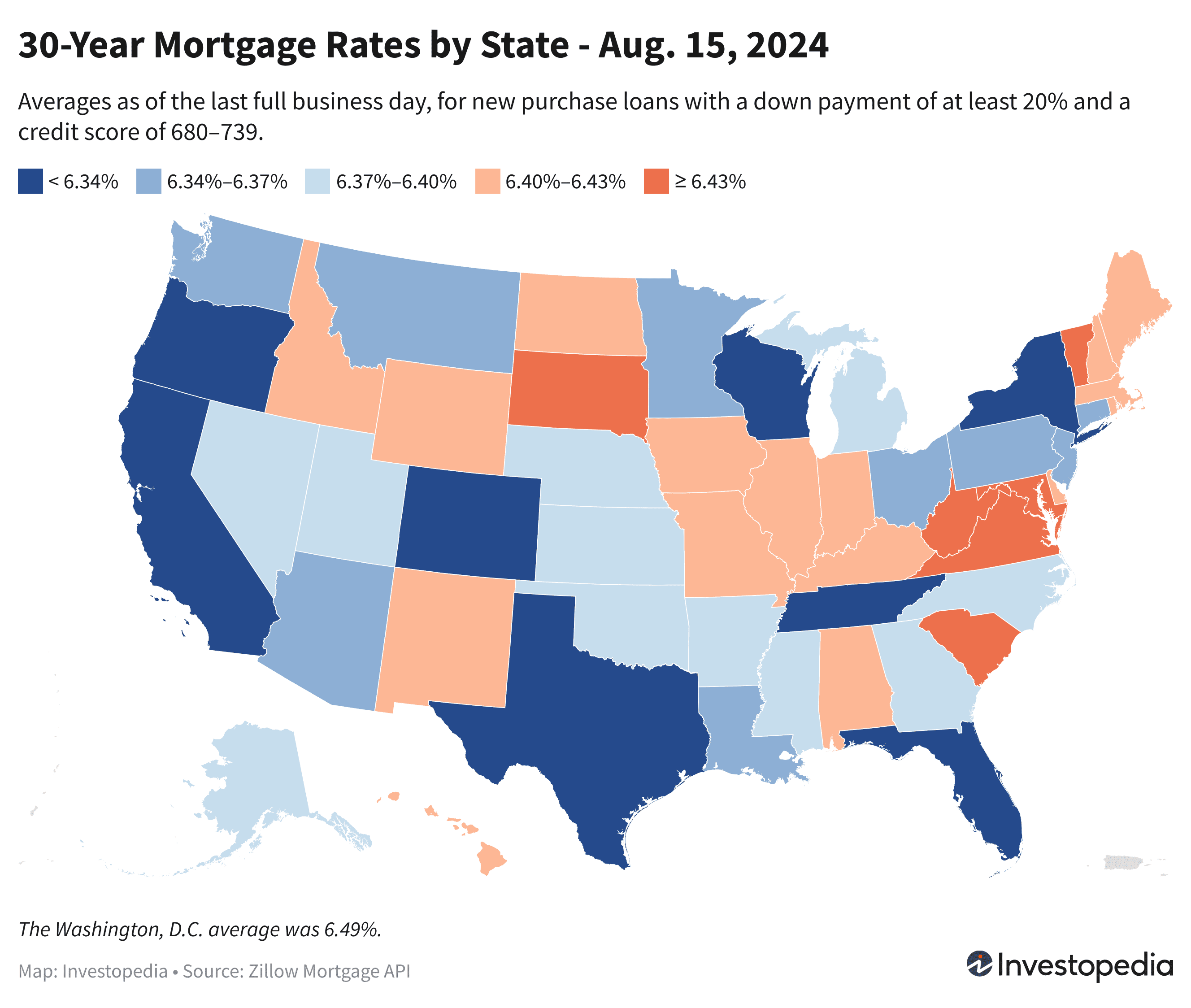 Current averages for 30-year fixed-rate new purchase mortgage rates in every U.S. state - Aug. 15, 2024