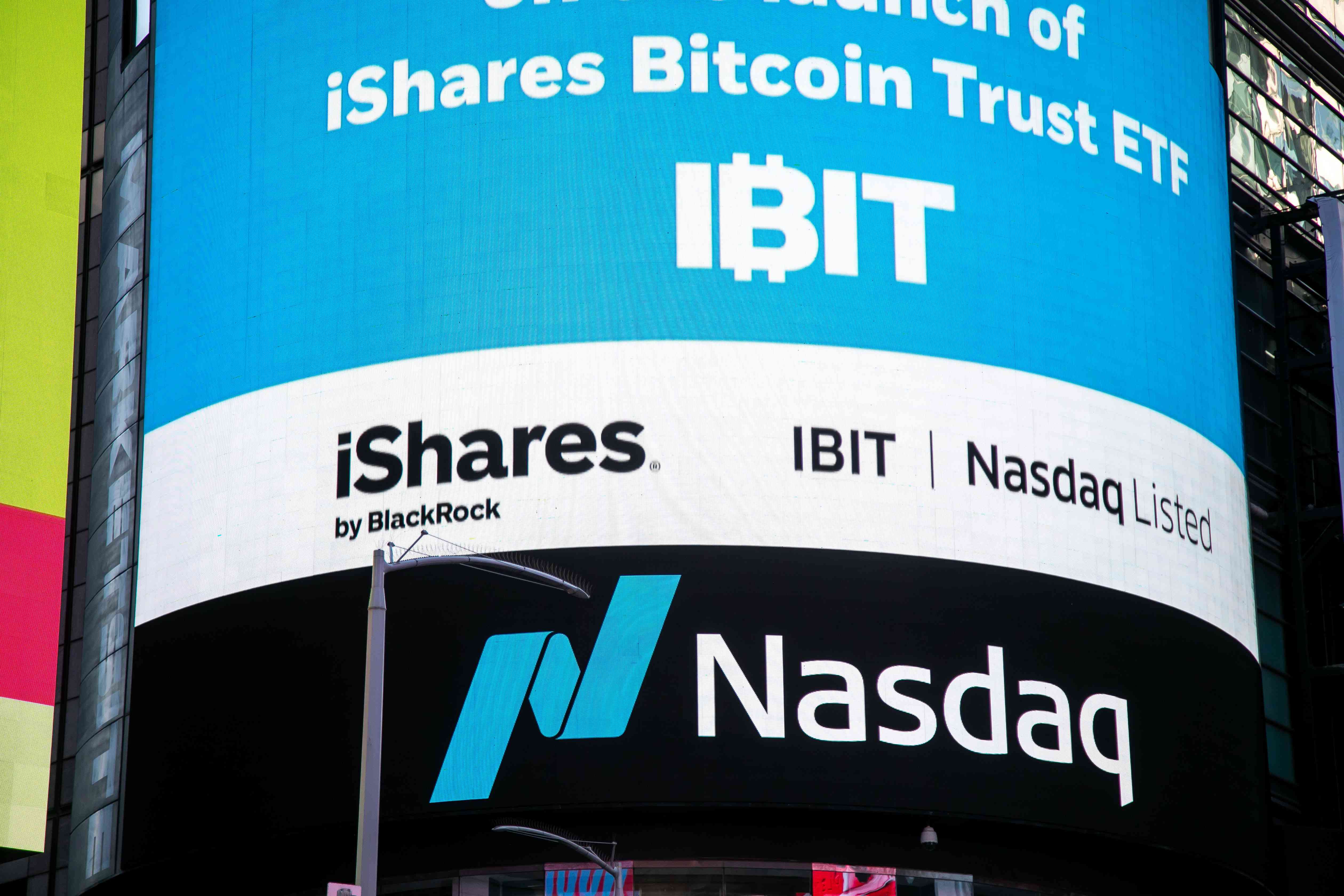 Blackrock iShares Bitcoin Trust ETF (IBIT) signage at the Nasdaq