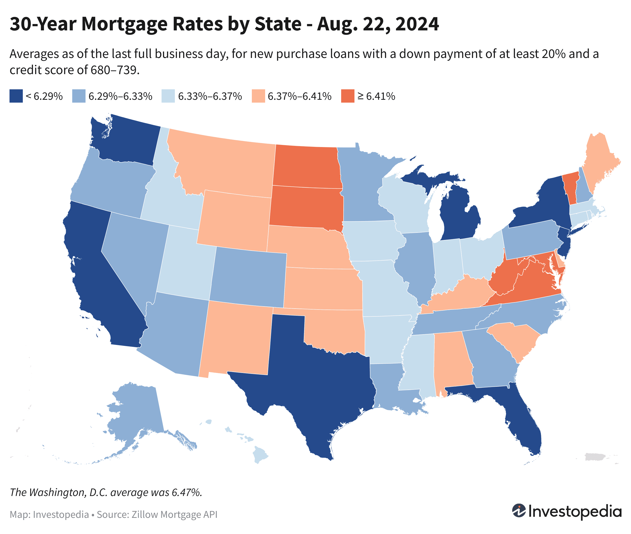 U.S. map showing the 30-year mortgage rates for every state - Aug. 22, 2024